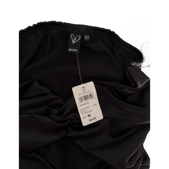 WINDSOR Black Satin Finish Strapless Ruched Mini Dress Size M - Picture 3 of 5